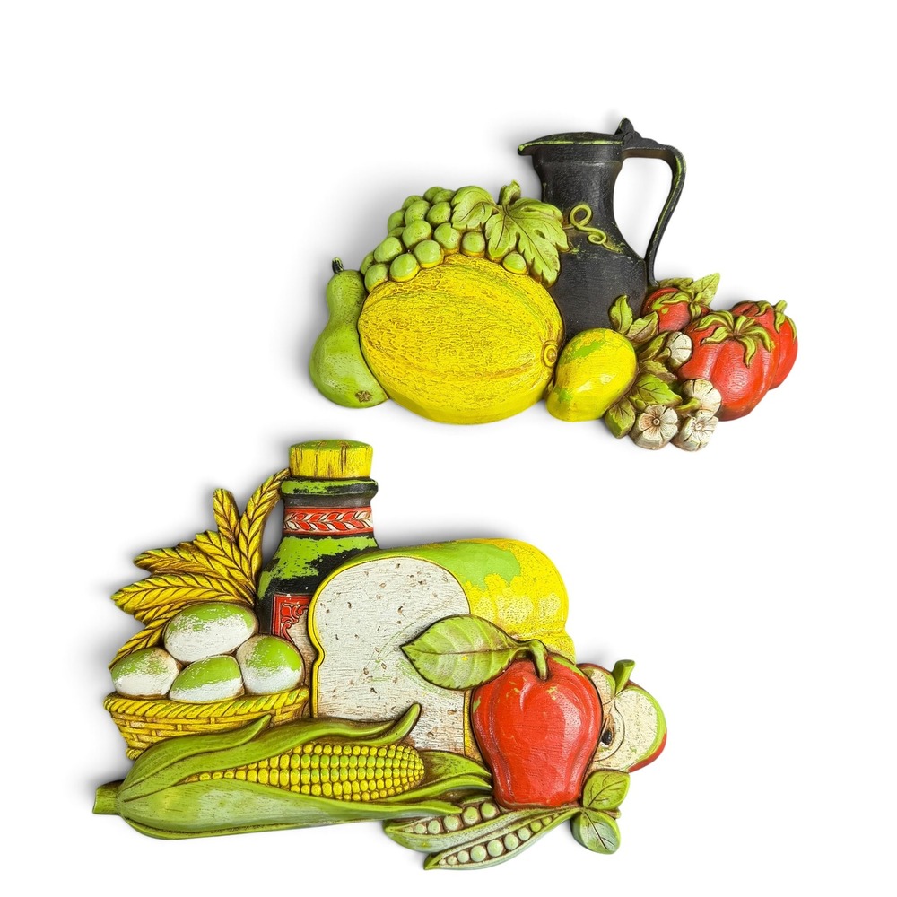 Vintage 1975 Syroco Kitchen Wall Plaques Set Fruit Bread Corn 7381 7382 USA